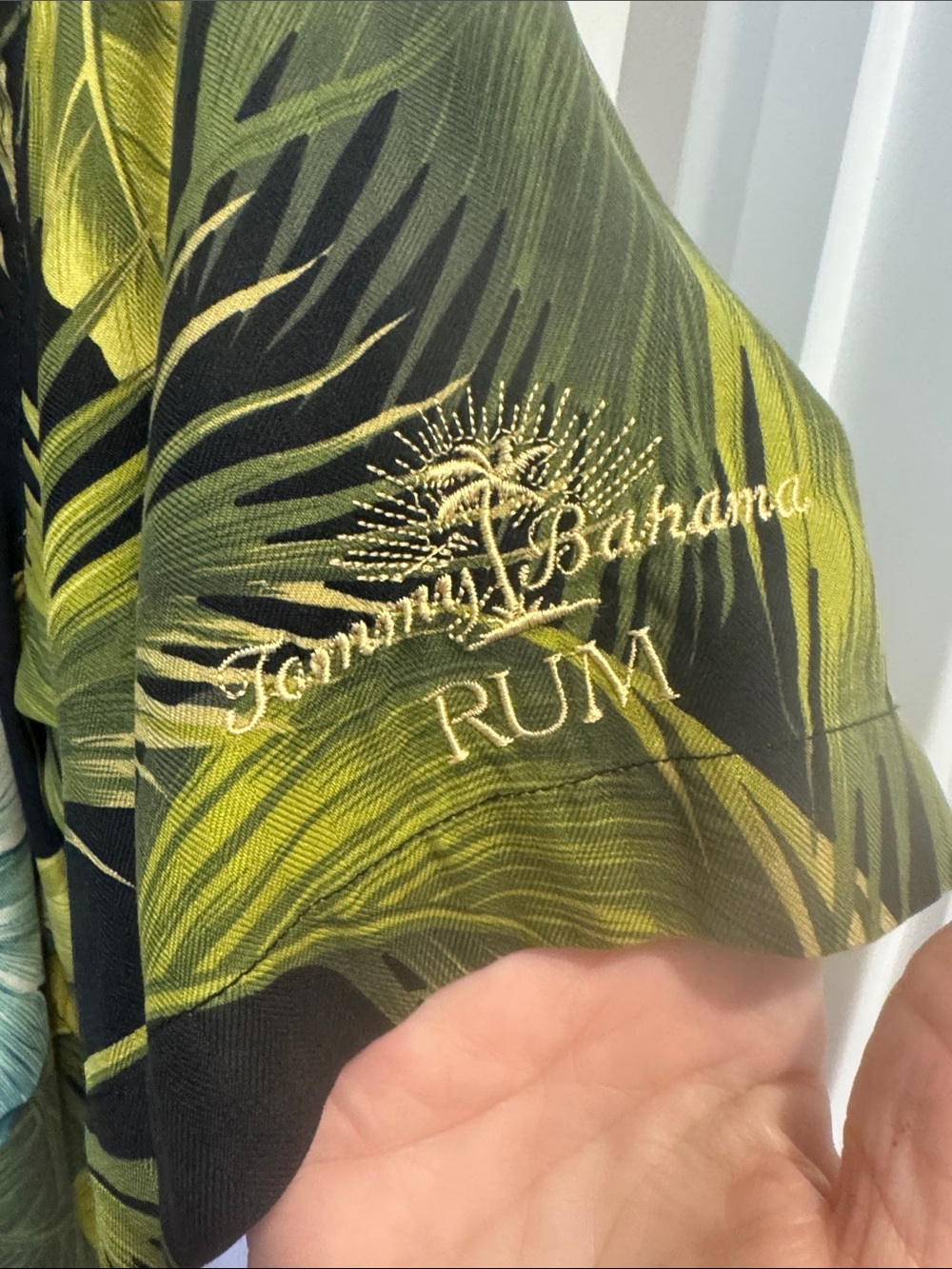 Tommy Bahama Black Hawaiian Shirt with Green Palms and Yellow & Teal Flowers - Picture 4 of 6